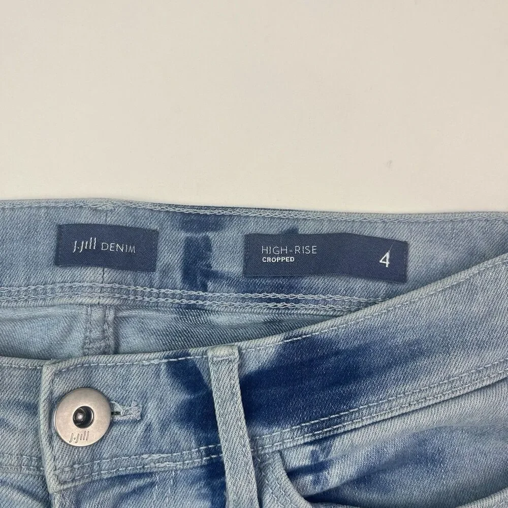 J Jill Denim High Rise Cropped Jeans 4 Blue Tie Dye Grunge Festival Coastal Boho